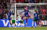 11 April 2023; Republic of Ireland goalkeeper Courtney Brosnan makes a save ahead of Trinity Rodman of United States during the women's international friendly match between USA and Republic of Ireland at CITYPARK in St Louis, Missouri, USA. Photo by Stephen McCarthy/Sportsfile