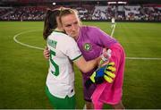 11 April 2023; Lucy Quinn of Republic of Ireland, left, and Republic of Ireland goalkeeper Courtney Brosnan after the women's international friendly match between USA and Republic of Ireland at CITYPARK in St Louis, Missouri, USA. Photo by Stephen McCarthy/Sportsfile