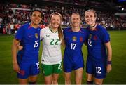 11 April 2023; United States players, from left, Alana Cook, Andi Sullivan and Tierna Davidson with Kyra Carusa of Republic of Ireland after the women's international friendly match between USA and Republic of Ireland at CITYPARK in St Louis, Missouri, USA. Photo by Stephen McCarthy/Sportsfile