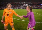 11 April 2023; Republic of Ireland goalkeeper Courtney Brosnan and United States goalkeeper Casey Murphy after the women's international friendly match between USA and Republic of Ireland at CITYPARK in St Louis, Missouri, USA. Photo by Stephen McCarthy/Sportsfile