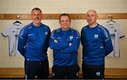 4 April 2023; Manager Davy Fitzgerald, centre, with coaches Peter Queally, left, and Eoin Kelly during a Waterford hurling squad portraits session at SETU Arena in Carriganore, Waterford. Photo by David Fitzgerald/Sportsfile