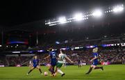 11 April 2023; Roma McLaughlin of Republic of Ireland and Trinity Rodman of United States during the women's international friendly match between USA and Republic of Ireland at CITYPARK in St Louis, Missouri, USA. Photo by Stephen McCarthy/Sportsfile