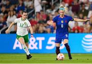 11 April 2023; Julie Ertz of United States in action against Roma McLaughlin of Republic of Ireland during the women's international friendly match between USA and Republic of Ireland at CITYPARK in St Louis, Missouri, USA. Photo by Stephen McCarthy/Sportsfile