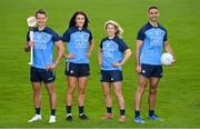 12 April 2023; Dublin GAA players, from left, hurler Cian Boland, ladies footballer Eilish O'Dowd, camogie player Muireann Kelleher, and footballer James McCarthy, pictured in Parnell Park as Dublin GAA and main sponsor, AIG, launch the 2023 Championship. In their 10th year of sponsorship, AIG are proud to back the boys and girls in blue throughout their championship campaigns. To read more about benefits that Dublin GAA members can avail of with AIG, visit https://www.aig.ie/our-sponsorships/dublin-gaa. Photo by Seb Daly/Sportsfile