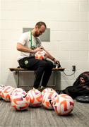 11 April 2023; Republic of Ireland video analyst Andrew Holt pumps the match footballs before the women's international friendly match between USA and Republic of Ireland at CITYPARK in St Louis, Missouri, USA. Photo by Stephen McCarthy/Sportsfile