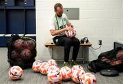 11 April 2023; Republic of Ireland video analyst Andrew Holt pumps the match footballs before the women's international friendly match between USA and Republic of Ireland at CITYPARK in St Louis, Missouri, USA. Photo by Stephen McCarthy/Sportsfile