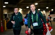 11 April 2023; Republic of Ireland physiotherapist Angela Kenneally and Abbie Larkin, left, arrives for the women's international friendly match between USA and Republic of Ireland at CITYPARK in St Louis, Missouri, USA. Photo by Stephen McCarthy/Sportsfile