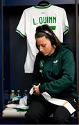 11 April 2023; Lucy Quinn of Republic of Ireland prepares her socks before the women's international friendly match between USA and Republic of Ireland at CITYPARK in St Louis, Missouri, USA. Photo by Stephen McCarthy/Sportsfile