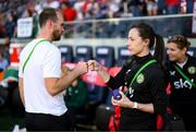11 April 2023; Republic of Ireland physiotherapist Angela Kenneally and Republic of Ireland video analyst Andrew Holt before the women's international friendly match between USA and Republic of Ireland at CITYPARK in St Louis, Missouri, USA. Photo by Stephen McCarthy/Sportsfile