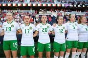 11 April 2023; Republic of Ireland players, from left, Hayley Nolan, Jamie Finn, Abbie Larkin, Roma McLaughlin, Claire O'Riordan and Amber Barrett stand for the playing of the National Anthem before the women's international friendly match between USA and Republic of Ireland at CITYPARK in St Louis, Missouri, USA. Photo by Stephen McCarthy/Sportsfile