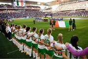 11 April 2023; Republic of Ireland players stand for the playing of the National Anthem before the women's international friendly match between USA and Republic of Ireland at CITYPARK in St Louis, Missouri, USA. Photo by Stephen McCarthy/Sportsfile