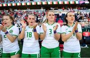 11 April 2023; Republic of Ireland players, from left, Harriet Scott, Alannah McEvoy, Jessie Stapleton and Ciara Grant before the women's international friendly match between USA and Republic of Ireland at CITYPARK in St Louis, Missouri, USA. Photo by Stephen McCarthy/Sportsfile