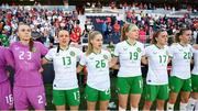 11 April 2023; Republic of Ireland players, from left, Megan Walsh, Áine O'Gorman, Tara O'Hanlon, Hayley Nolan, Jamie Finn and Abbie Larkin stand for the playing of the National Anthem before the women's international friendly match between USA and Republic of Ireland at CITYPARK in St Louis, Missouri, USA. Photo by Stephen McCarthy/Sportsfile