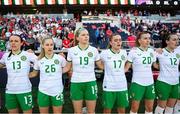 11 April 2023; Republic of Ireland players, from left, Áine O'Gorman, Tara O'Hanlon, Hayley Nolan, Jamie Finn, Abbie Larkin and Roma McLaughlin stand for the playing of the National Anthem before the women's international friendly match between USA and Republic of Ireland at CITYPARK in St Louis, Missouri, USA. Photo by Stephen McCarthy/Sportsfile