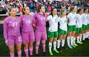 11 April 2023; Republic of Ireland players, from left, Sophie Whitehouse, Grace Moloney, Megan Walsh, Áine O'Gorman, Tara O'Hanlon, Hayley Nolan, Jamie Finn and Abbie Larkin stand for the playing of the National Anthem before the women's international friendly match between USA and Republic of Ireland at CITYPARK in St Louis, Missouri, USA. Photo by Stephen McCarthy/Sportsfile