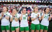 11 April 2023; Republic of Ireland players, from left, Amber Barrett, Harriet Scott, Alannah McEvoy, Jessie Stapleton and Ciara Grant before the women's international friendly match between USA and Republic of Ireland at CITYPARK in St Louis, Missouri, USA. Photo by Stephen McCarthy/Sportsfile