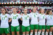 11 April 2023; Republic of Ireland players, from left, Jamie Finn, Abbie Larkin, Roma McLaughlin, Claire O'Riordan, Amber Barrett and Harriet Scott stand for the playing of the National Anthem before the women's international friendly match between USA and Republic of Ireland at CITYPARK in St Louis, Missouri, USA. Photo by Stephen McCarthy/Sportsfile