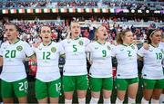 11 April 2023; Republic of Ireland players, from left, Abbie Larkin, Roma McLaughlin, Claire O'Riordan, Amber Barrett, Harriet Scott and Alannah McEvoy stand for the playing of the National Anthem before the women's international friendly match between USA and Republic of Ireland at CITYPARK in St Louis, Missouri, USA. Photo by Stephen McCarthy/Sportsfile