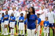11 April 2023; Kennedy Holmes performs the national anthem before the women's international friendly match between USA and Republic of Ireland at CITYPARK in St Louis, Missouri, USA. Photo by Stephen McCarthy/Sportsfile