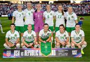 11 April 2023; The Republic of Ireland team, back row, from left, Diane Caldwell, Louise Quinn, Courtney Brosnan, Megan Connolly, Kyra Carusa, Ruesha Littlejohn, with, front row, Marissa Sheva, Denise O'Sullivan, Katie McCabe, Heather Payne and Lucy Quinn before the women's international friendly match between USA and Republic of Ireland at CITYPARK in St Louis, Missouri, USA. Photo by Stephen McCarthy/Sportsfile