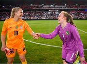11 April 2023; Republic of Ireland goalkeeper Courtney Brosnan, right, and United States goalkeeper Casey Murphy after the women's international friendly match between USA and Republic of Ireland at CITYPARK in St Louis, Missouri, USA. Photo by Stephen McCarthy/Sportsfile