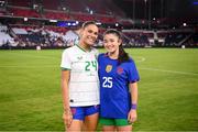11 April 2023; Trinity Rodman of USA, left, and Marissa Sheva of Republic of Ireland after exchanging shirts following the women's international friendly match between USA and Republic of Ireland at CITYPARK in St Louis, Missouri, USA. Photo by Stephen McCarthy/Sportsfile