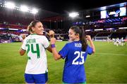 11 April 2023; Trinity Rodman of USA, left, and Marissa Sheva of Republic of Ireland after exchanging shirts following the women's international friendly match between USA and Republic of Ireland at CITYPARK in St Louis, Missouri, USA. Photo by Stephen McCarthy/Sportsfile