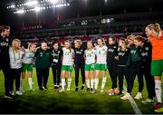 11 April 2023; Republic of Ireland players and staff, from left, assistant manager Tom Elmes, Evelyn McMullan, FAI team operations, Denise O'Sullivan, FAI communications executive Gareth Maher, masseuse Suzie Coffey, Kyra Carusa, manager Vera Pauw, Tara O'Hanlon, Megan Connolly, physiotherapist Angela Kenneally, kit and equipment manager Orla Haran, Aoife Mannion, team doctor Siobhan Forman and Diane Caldwell after the women's international friendly match between USA and Republic of Ireland at CITYPARK in St Louis, Missouri, USA. Photo by Stephen McCarthy/Sportsfile