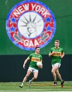 8 April 2023; Paddy Maguire, left, and Conor Farrell of Leitrim during the Connacht GAA Football Senior Championship quarter-final match between New York and Leitrim at Gaelic Park in New York, USA. Photo by David Fitzgerald/Sportsfile