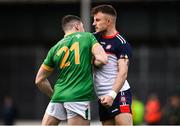 8 April 2023; Eoghan Kerin of New York and Jack Heslin of Leitrim during the Connacht GAA Football Senior Championship quarter-final match between New York and Leitrim at Gaelic Park in New York, USA. Photo by David Fitzgerald/Sportsfile