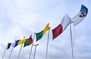 12 April 2023; The Connacht GAA flag flying alongside the flags of the Connacht counties before the Eirgrid Connacht GAA Football U20 Championship Semi-Final match between Sligo and Mayo at Connacht GAA COE in Bekan, Mayo. Photo by Piaras Ó Mídheach/Sportsfile