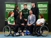 13 April 2023; In attendance are, from left, Permanent TSB NextGen participant Melanie Griffith, Paralympics Ireland sport director Neasa Russell, Permanent TSB head of people experience Karen Hackett, Permanent TSB NextGen participant Tiarnán O’Donnell, Paralympics Ireland chief executive Stephen McNamara, Paralympics Ireland pathway lead Brian Hughes, and Paralympian Britney Arendse, during the Paralympics Ireland launch of the Permanent TSB NextGen Athlete Pathway Programme the at Sport Ireland Institute in Dublin. Photo by Seb Daly/Sportsfile
