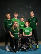 13 March 2023; Athletes, from left, Katie O’Brien, Tiarnán O’Donnell, Mary Fitzgerald, Elsie Friel, Melanie Griffith and Jordan Lee during the Paralympics Ireland Launch permanent TSB NextGen Athlete Pathway Programme at the Sport Ireland Institute in Dublin. Photo by Ramsey Cardy/Sportsfile