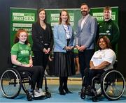 13 April 2023; In attendance are, from left, Permanent TSB NextGen participant Melanie Griffith, Permanent TSB head of people experience Karen Hackett, Paralympics Ireland vice president Lisa Clancy, Paralympics Ireland chief executive Stephen McNamara, Permanent TSB NextGen participant Tiarnán O’Donnell, and Paralympian Britney Arendse, during the Paralympics Ireland launch of the Permanent TSB NextGen Athlete Pathway Programme the at Sport Ireland Institute in Dublin. Photo by Seb Daly/Sportsfile