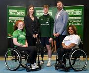 13 April 2023; In attendance are, from left, Permanent TSB NextGen participant Melanie Griffith, Permanent TSB head of people experience Karen Hackett, Permanent TSB NextGen participant Tiarnán O’Donnell, Paralympics Ireland chief executive Stephen McNamara, and Paralympian Britney Arendse, during the Paralympics Ireland launch of the Permanent TSB NextGen Athlete Pathway Programme the at Sport Ireland Institute in Dublin. Photo by Seb Daly/Sportsfile