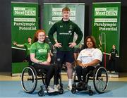 13 April 2023; In attendance are, from left, Permanent TSB NextGen participant Melanie Griffith, Permanent TSB NextGen participant Tiarnán O’Donnell, and Paralympian Britney Arendse, during the Paralympics Ireland launch of the Permanent TSB NextGen Athlete Pathway Programme the at Sport Ireland Institute in Dublin. Photo by Seb Daly/Sportsfile