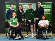 13 April 2023; In attendance are, from left, Paralympics Ireland strategy manager Jason Smyth, Permanent TSB NextGen participant Melanie Griffith, Paralympics Ireland sport director Neasa Russell, Permanent TSB NextGen participant Tiarnán O’Donnell, Paralympics Ireland pathway lead Brian Hughes, and Paralympian Britney Arendse, during the Paralympics Ireland launch of the Permanent TSB NextGen Athlete Pathway Programme the at Sport Ireland Institute in Dublin. Photo by Seb Daly/Sportsfile