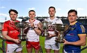 13 April 2023; In attendance at the launch of the Joe McDonagh, Christy Ring, Nickey Rackard & Lory Meagher Cup Competitions are, from left, Feidhelm Joyce of Louth, Lorcan Delvin of Tyrone, Niall Muineacha´in of Kildare, and John Casey of Longford at Croke Park in Dublin.  Photo by Sam Barnes/Sportsfile