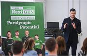 13 April 2023; Paralympics Ireland pathway lead Brian Hughes speaking during the Paralympics Ireland launch of the Permanent TSB NextGen Athlete Pathway Programme the at Sport Ireland Institute in Dublin. Photo by Seb Daly/Sportsfile