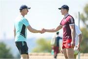 13 April 2023; Head coach Leo Cullen meets Dylan McNeice of Clontarf FC and CUS, on exchange at St Stithian's College, during a Leinster Rugby squad training session at St Stithian's College in Johannesburg, South Africa. Photo by Harry Murphy/Sportsfile