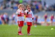 13 April 2023; Mia Morrison, left, and Lauren Scanlon of Ballymote, Sligo, adjust their mouth guards during the 2023 LGFA Go Games Activity Day at Croke Park, Dublin.  Photo by Tyler Miller/Sportsfile