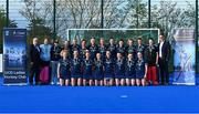 13 April 2023; The UCD team including, captain Hannah McLoughlin, Sophia Cole, Leah O'Shea, Sarah McAuley, Katherine Egan, Lucy Crowe, Caoimh Byrne, Grace Keane, Eva Lavelle, Katie Jane Marshall, Ali Griffin, Michelle Carey, Charlotte Cope, Aine Naughton, Niamh Carey, Norah McGinty, Ellie McLoughlin, Kate Ryan, Caro Theunisz and Lisa McLoughlin pose for a photo alongside, members from team sponsor Crowe, Brian Geraghty, left, and Ricky Asher during the UCD Ladies Hockey EYHL medal presentation event at UCD Hockey Stadium in Belfield, Dublin. Photo by Tyler Miller/Sportsfile