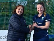13 April 2023; Eva Lavelle is presented with her winners medal by Vice President of Hockey Ireland Barbara O'Malley during the UCD Ladies Hockey EYHL medal presentation event at UCD Hockey Stadium in Belfield, Dublin. Photo by Tyler Miller/Sportsfile
