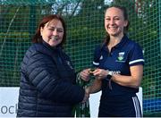 13 April 2023; Caro Theunisz is presented with her winners medal by Vice President of Hockey Ireland Barbara O'Malley during the UCD Ladies Hockey EYHL medal presentation event at UCD Hockey Stadium in Belfield, Dublin. Photo by Tyler Miller/Sportsfile