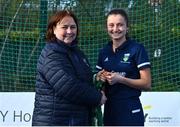 13 April 2023; Charlotte Cope is presented with her winners medal by Vice President of Hockey Ireland Barbara O'Malley during the UCD Ladies Hockey EYHL medal presentation event at UCD Hockey Stadium in Belfield, Dublin. Photo by Tyler Miller/Sportsfile