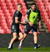 14 April 2023; Sam Prendergast, left, and James Culhane during the Leinster Rugby captain's run at Emirates Airlines Park in Johannesburg, South Africa. Photo by Harry Murphy/Sportsfile
