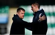 14 April 2023; Shelbourne manager Damien Duff, left, and Sean Boyd before the SSE Airtricity Men's Premier Division match between Shamrock Rovers and Shelbourne at Tallaght Stadium in Dublin. Photo by Seb Daly/Sportsfile