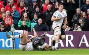 14 April 2023; David McCann of Ulster breaks clear to score Ulster’s opening try during the United Rugby Championship match between Ulster and Dragons at the Kingspan Stadium in Belfast. Photo by John Dickson/Sportsfile