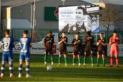 14 April 2023; Players from both teams stand for a minute's applause in memory of Irish rally driver Craig Breen who died on Thursday before the SSE Airtricity Men's First Division match between Waterford and Kerry at the RSC in Waterford. Photo by Michael P Ryan/Sportsfile