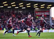 14 April 2023; Adam McDonnell of Bohemians, centre, celebrates after scoring his side's first goal during the SSE Airtricity Men's Premier Division match between Bohemians and St Patrick's Athletic at Dalymount Park in Dublin. Photo by Piaras Ó Mídheach/Sportsfile